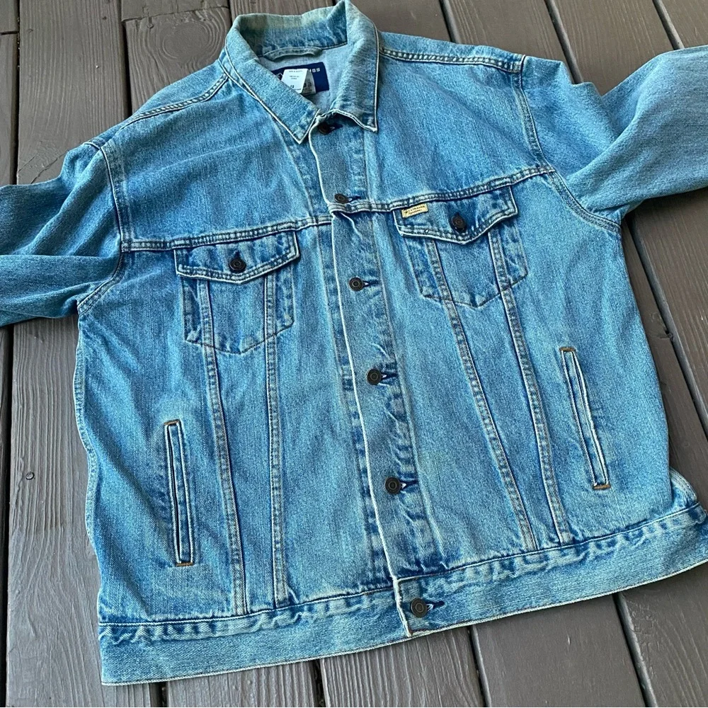 Levi Strauss Signature Mens XL Denim Trucker Jacket Blue Jean Biker Workwear - Picture 6 of 14